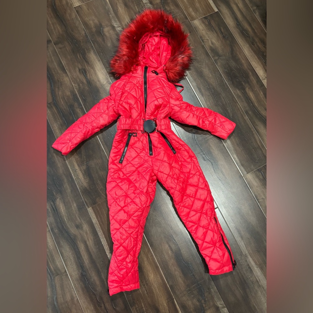 Red Quilted Kids snowsuit with Fur Hood